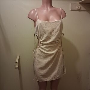 SHEIN Beige Ruched Side Tie Mini Dress Size 8/10 Spaghetti Strap Bodycon Casual